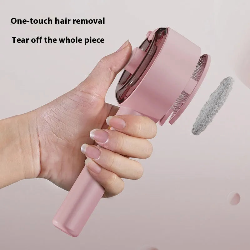 Ceramic white rechargeable pet grooming brush with UVC light and misting function on a dog's coat.