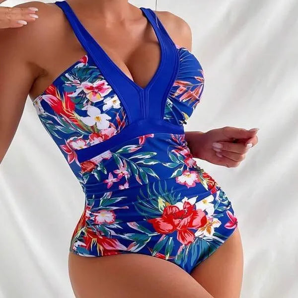 Women's floral pattern one-piece swimsuit with backless design in polyester spandex fabric
