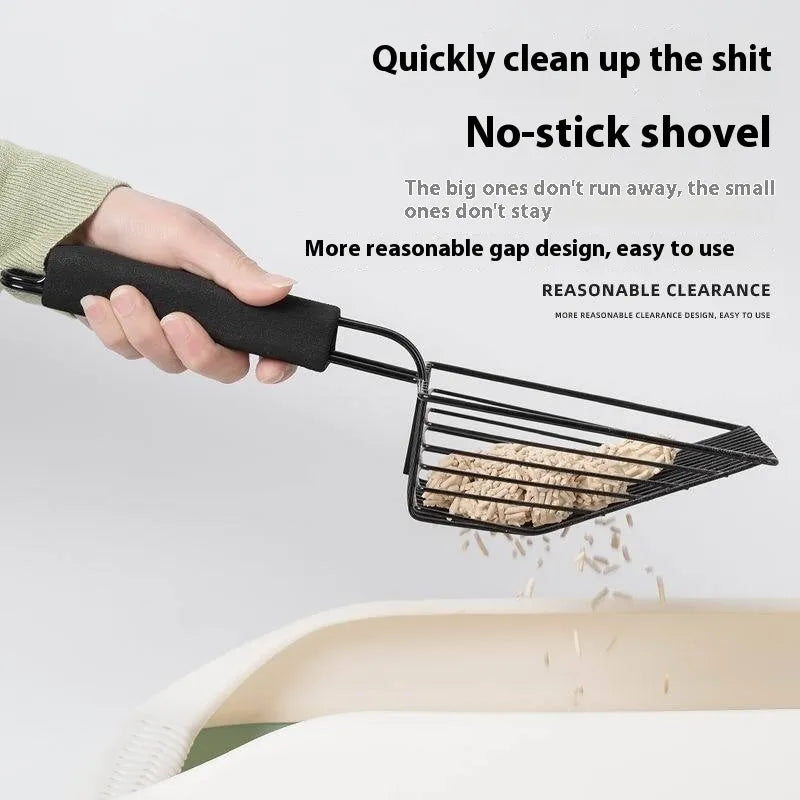 Black metal cat litter scoop with narrow tine spacing for efficient waste removal from litter trays