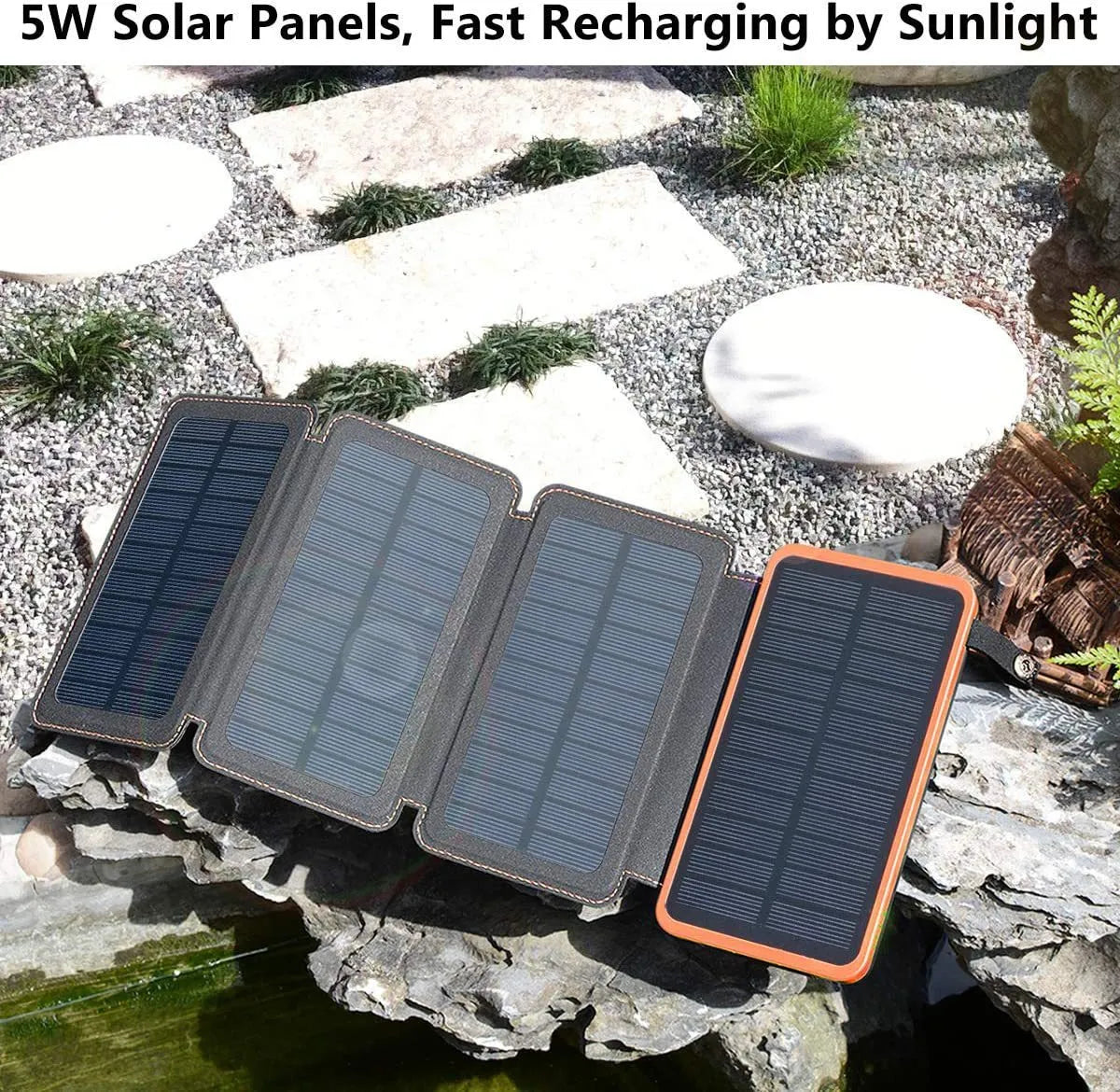 Outdoor rainproof solar phone charger with LED light in multiple colour options on a rustic surface.