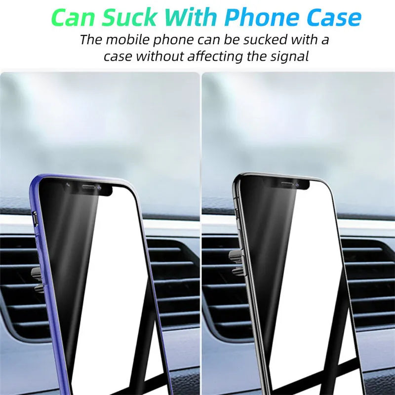 Black magnetic car air vent phone holder with adjustable rotation paddle showing phone mounting position