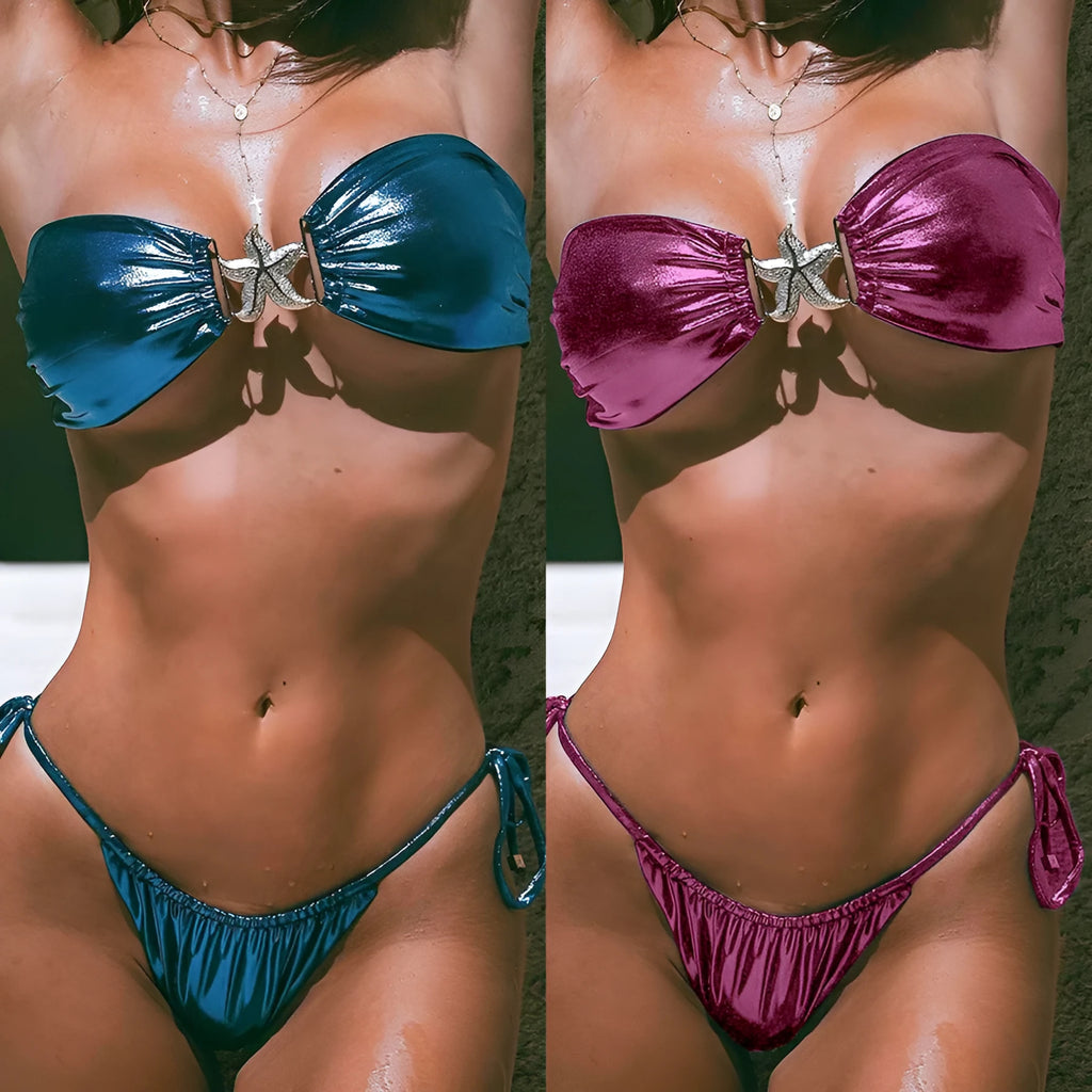 Women's glossy sapphire blue tube top split bikini with long sleeves and briefs bottom.
