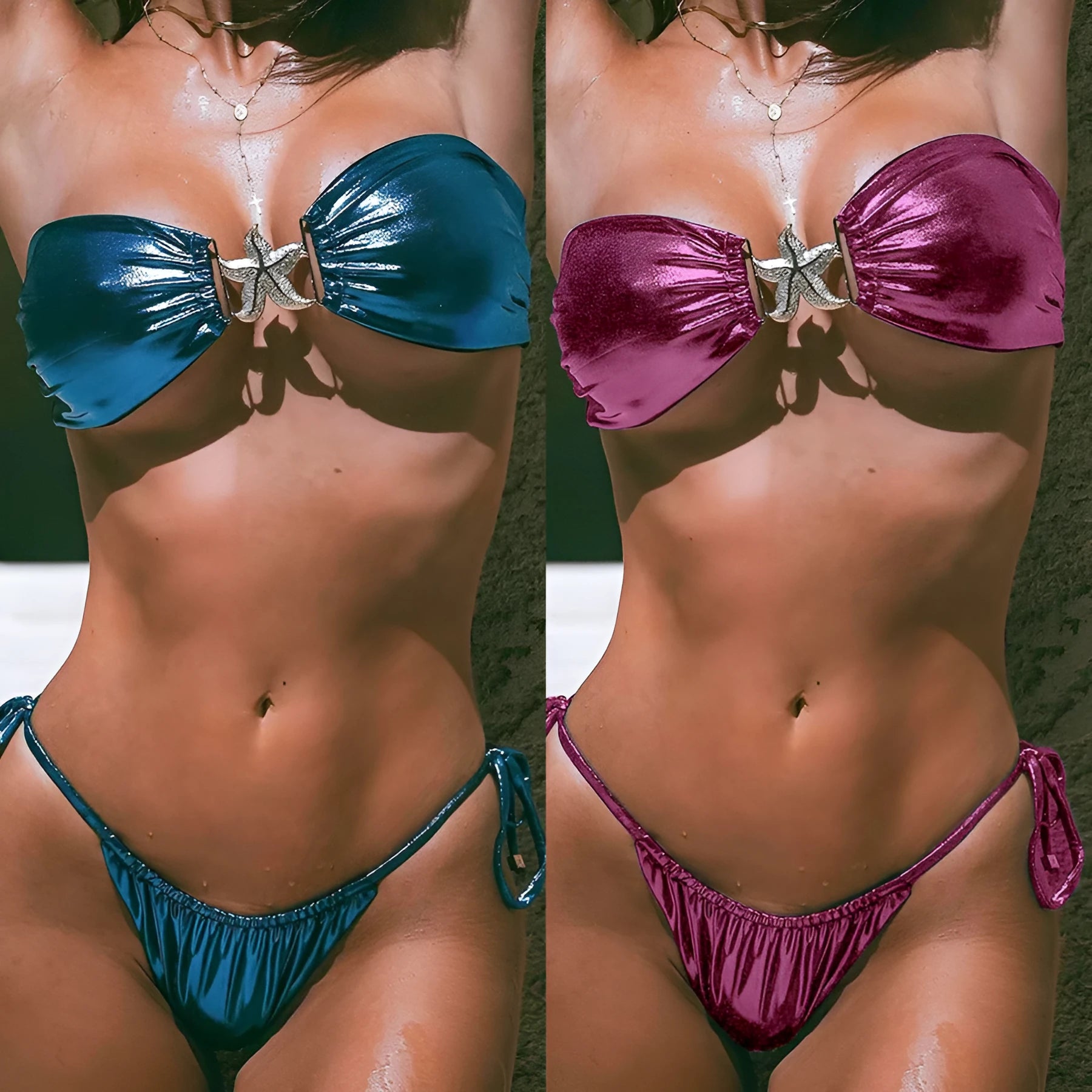 Women's glossy sapphire blue tube top split bikini with long sleeves and briefs bottom.