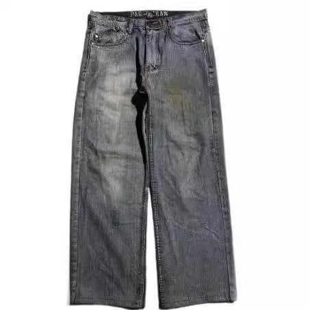 Grey washed-out wide-leg straight jeans on a mid-waist mannequin, showing zipper fly and relaxed fit.