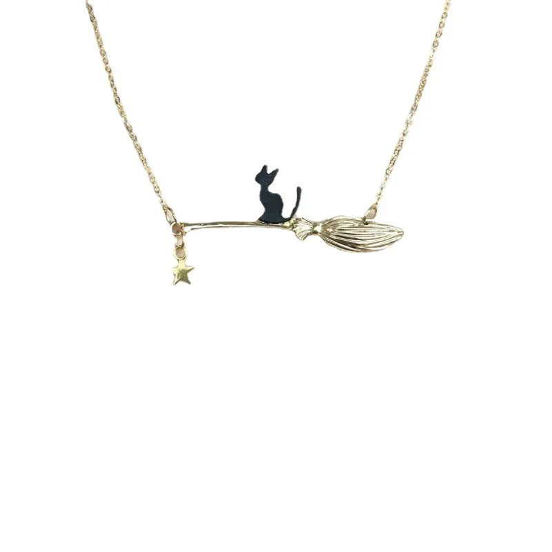 Halloween black cat alloy necklace pendant with animal totem modelling in gold, silver, or two-tone finishes