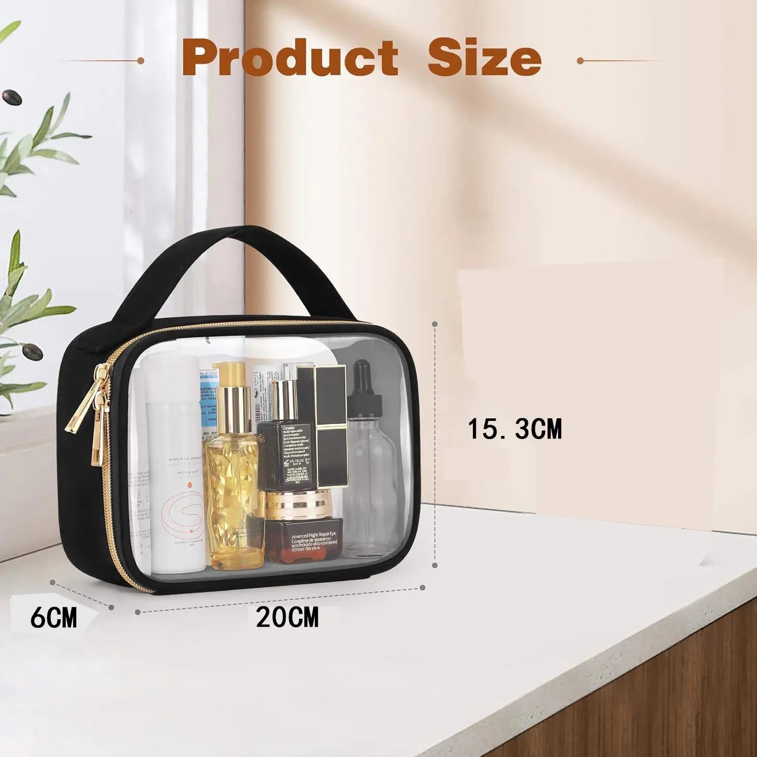 Transparent PVC cosmetic organiser bag with chain in multiple colours including leopard print for lipstick and brush storage.