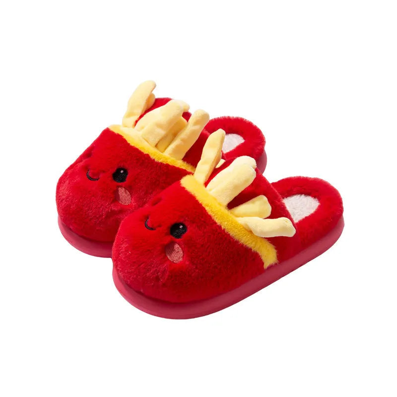 Pair of cotton slippers with suede upper, cartoon French fries print, and EVA sole for indoor use