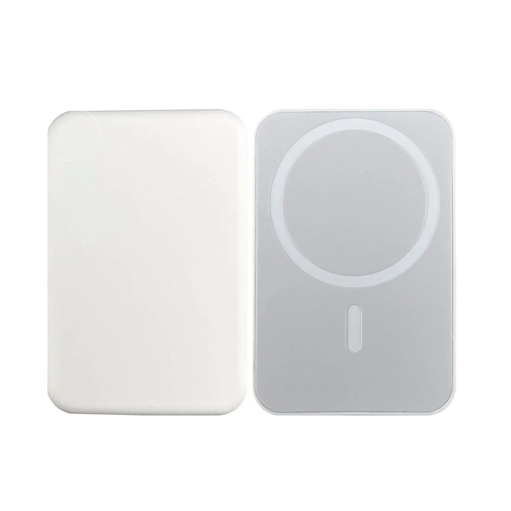 Magnetic wireless charging power bank in white with creative foot design showing charging surface