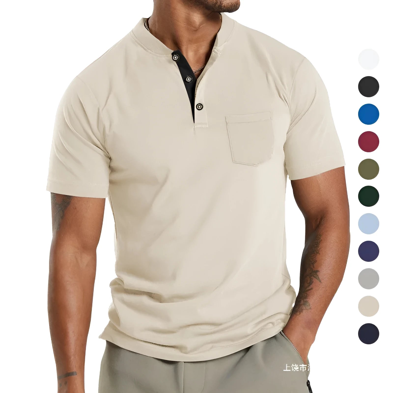 Plus size man wearing a solid colour short sleeve pullover shirt with a button chest pocket.