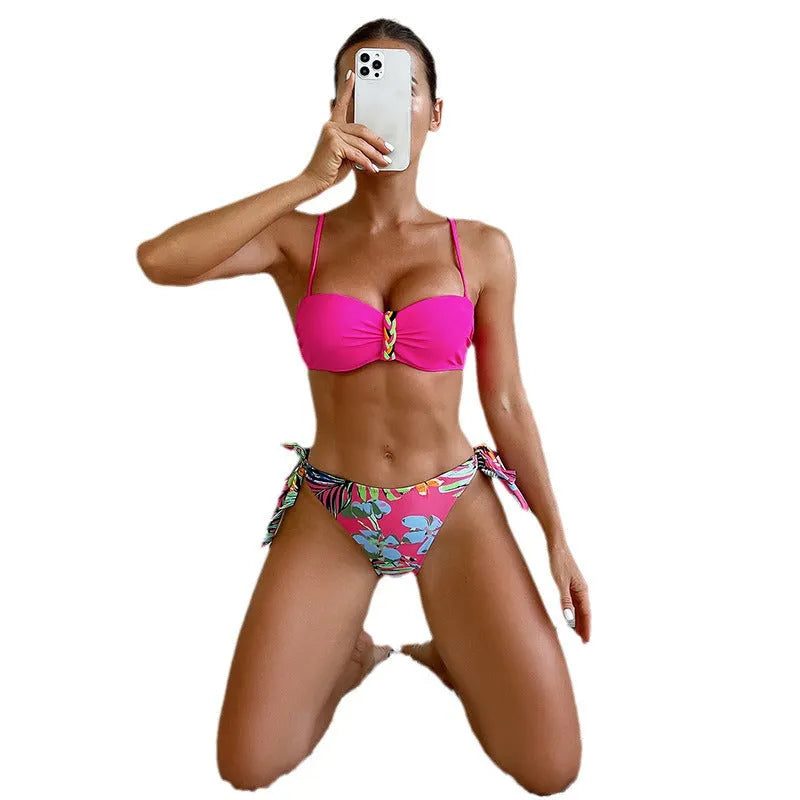 Women's rose red bikini swimsuit with braid rope detail on two-piece design