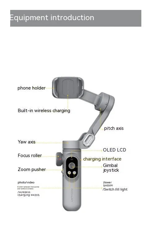 Silver grey smartphone gimbal stabiliser with extended arms and Bluetooth remote control on a table.