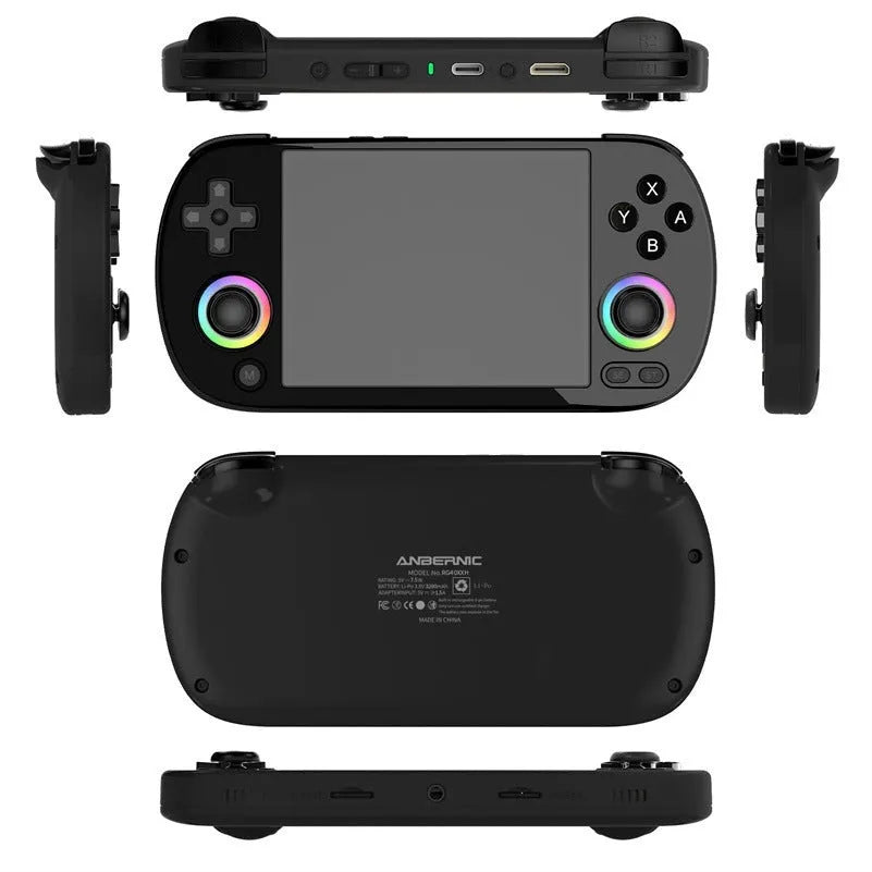 RG40XXH retro handheld game console in black with wireless handle and USB data cable