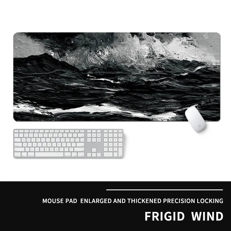 Oversized gaming mouse pad with cold-themed design on natural rubber base