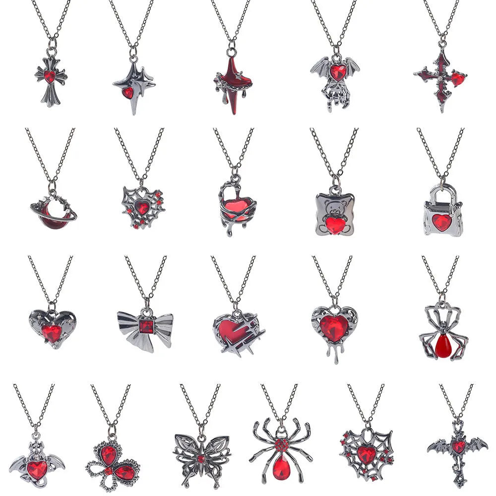 Dark style Halloween necklace with spider and bat pendant designs in electroplated zinc alloy