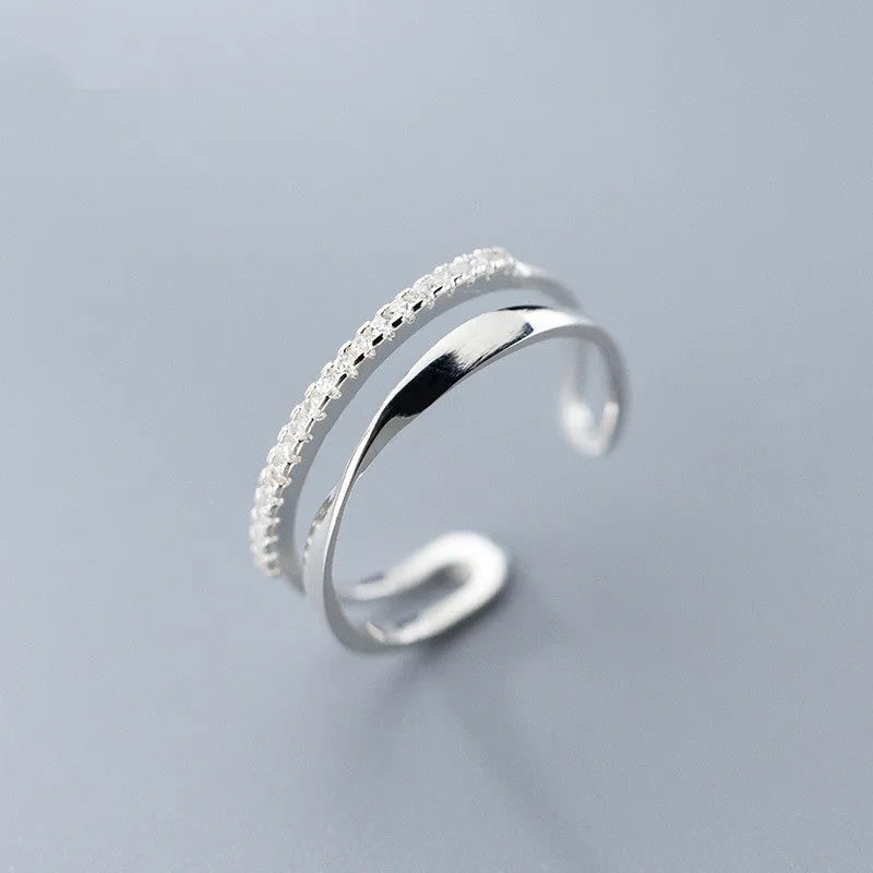 Twisted double row adjustable S925 silver ring for women Korean style