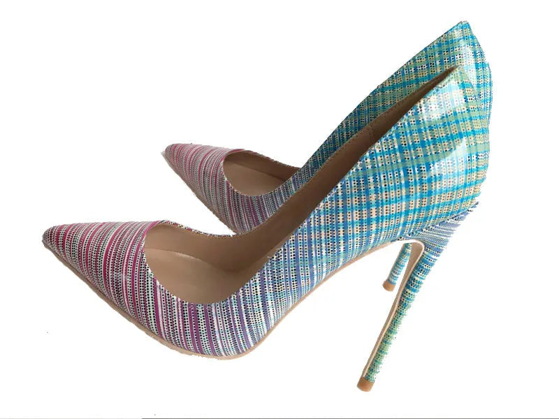 Pink and blue gradient patent leather ladies pointed toe high heel shoe with a slender stiletto heel.