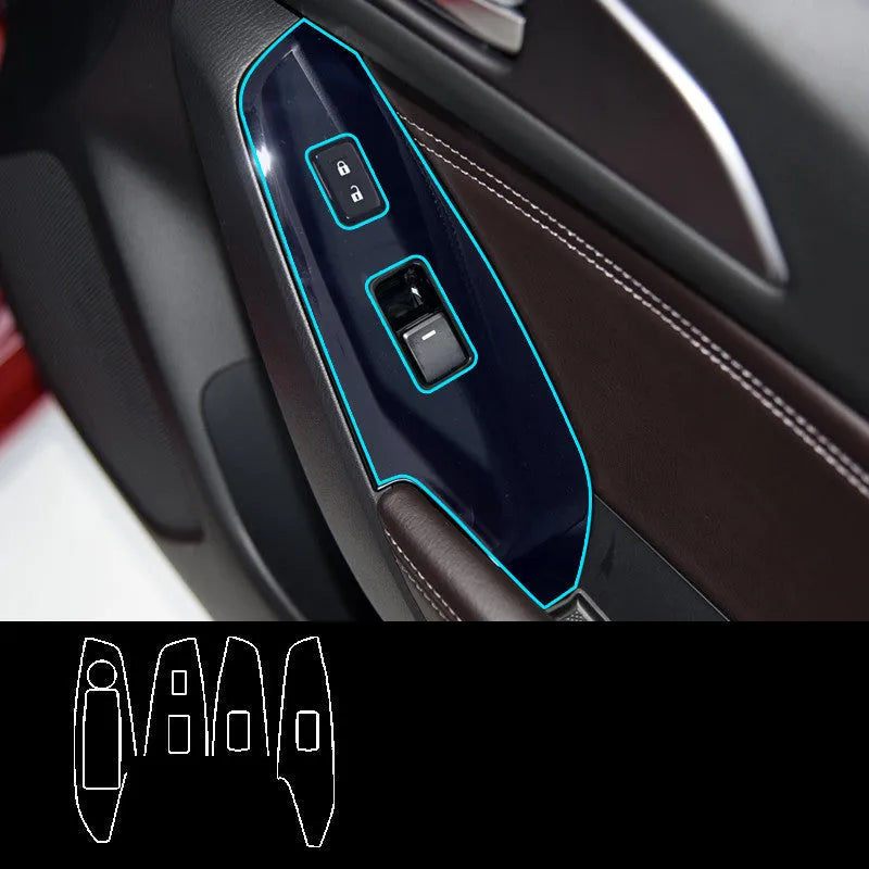 Set of four TPU transparent protective films for car door control panels on a 2014-2019 vehicle.