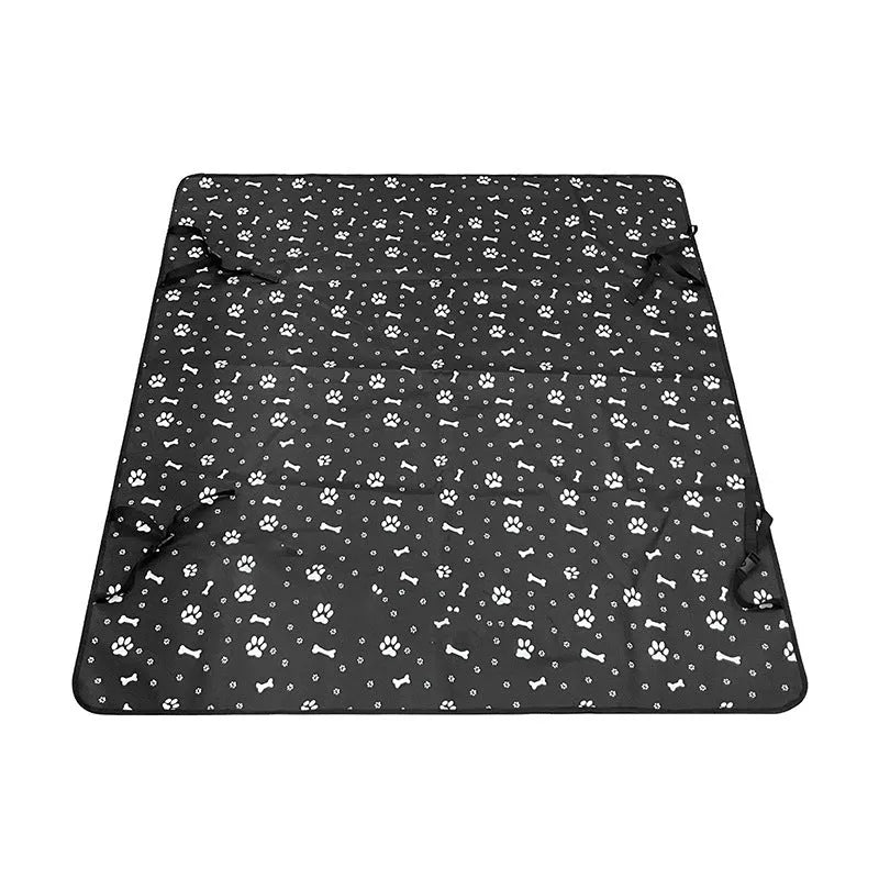 Cloth car pet mat for rear seat protection, shown in a dog bone print design on a grey background.