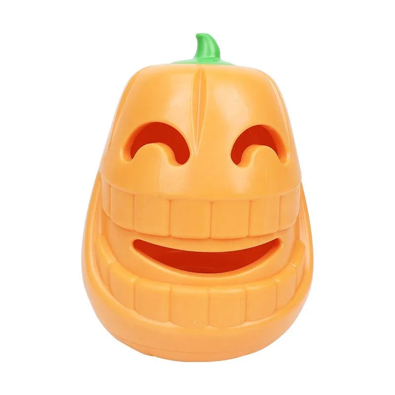 Orange pumpkin shaped interactive dog chew toy with treat dispensing funnel