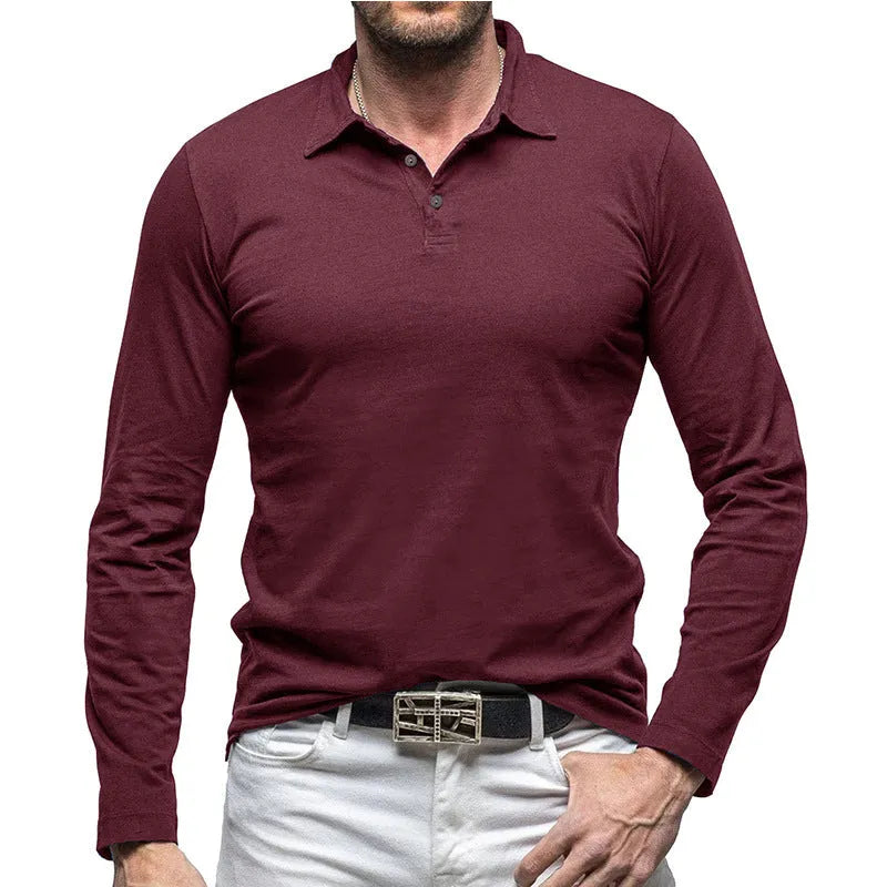 Men's dark grey cotton polo collar long sleeve T-shirt laid flat, American retro style.