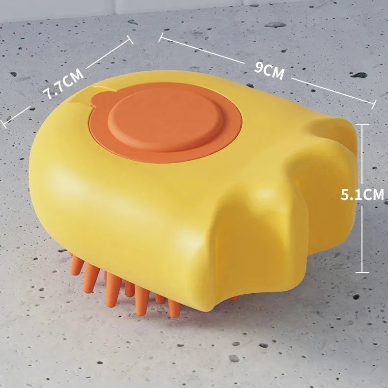 Pet bath brush with shampoo compartment and four brush attachments in blue orange yellow options