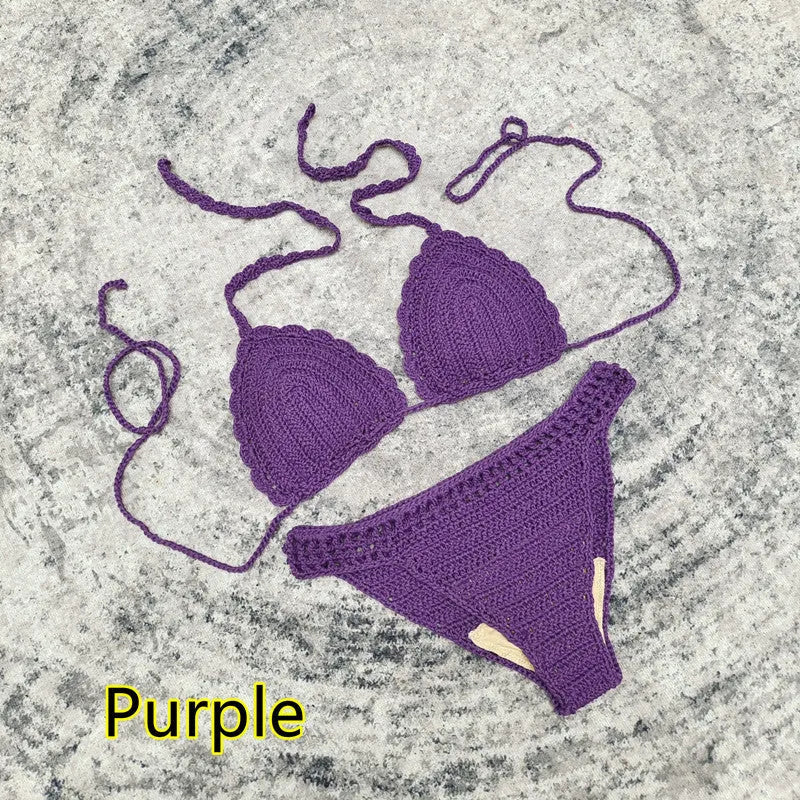 Women's three-piece bikini set with handmade crochet beach skirt in acrylic fabric