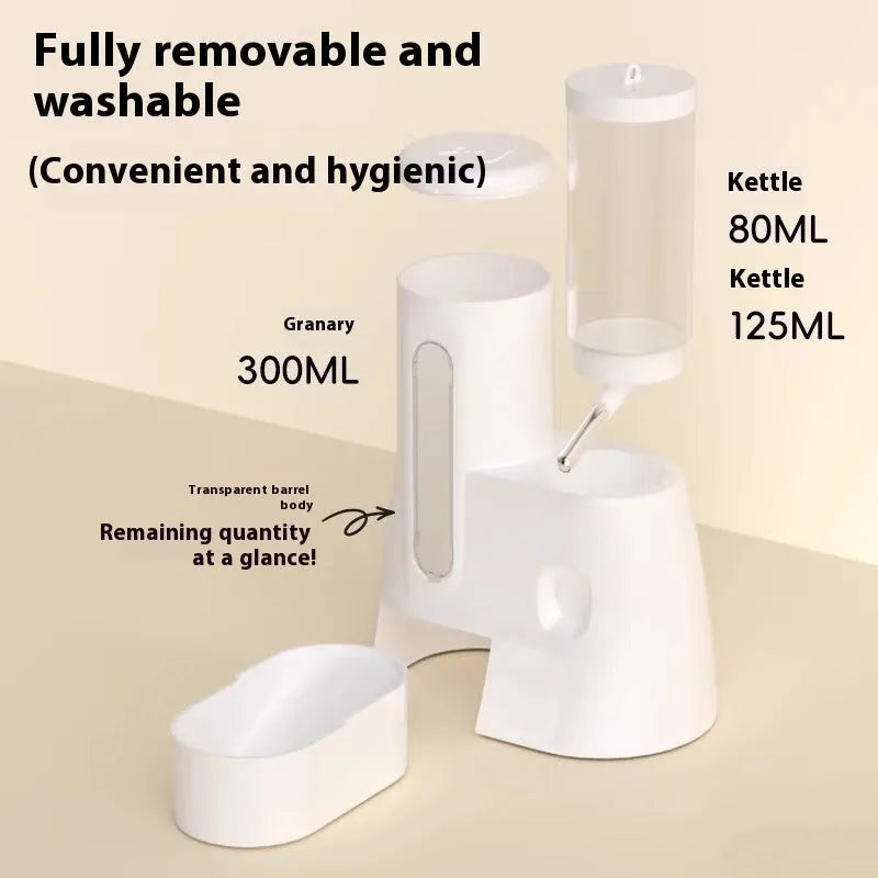 White, blue, and pink hamster automatic water feeder and food bowl in large and small sizes.
