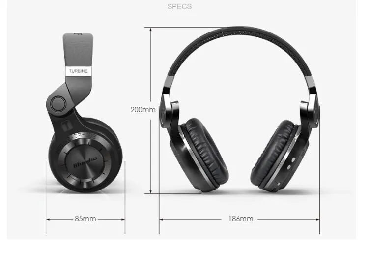 Blue String T2 black and white over-ear Bluetooth headphones showing rotating fold mechanism and 1.5m cable