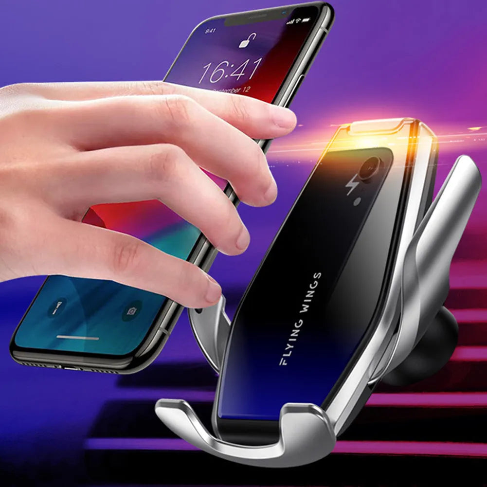 Wireless mobile phone charger in Gold with bracket open, showing coil pad and Type-0 connector