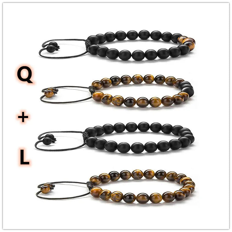 Tiger Eye agate couple bracelets with geometric beads in matte black finish