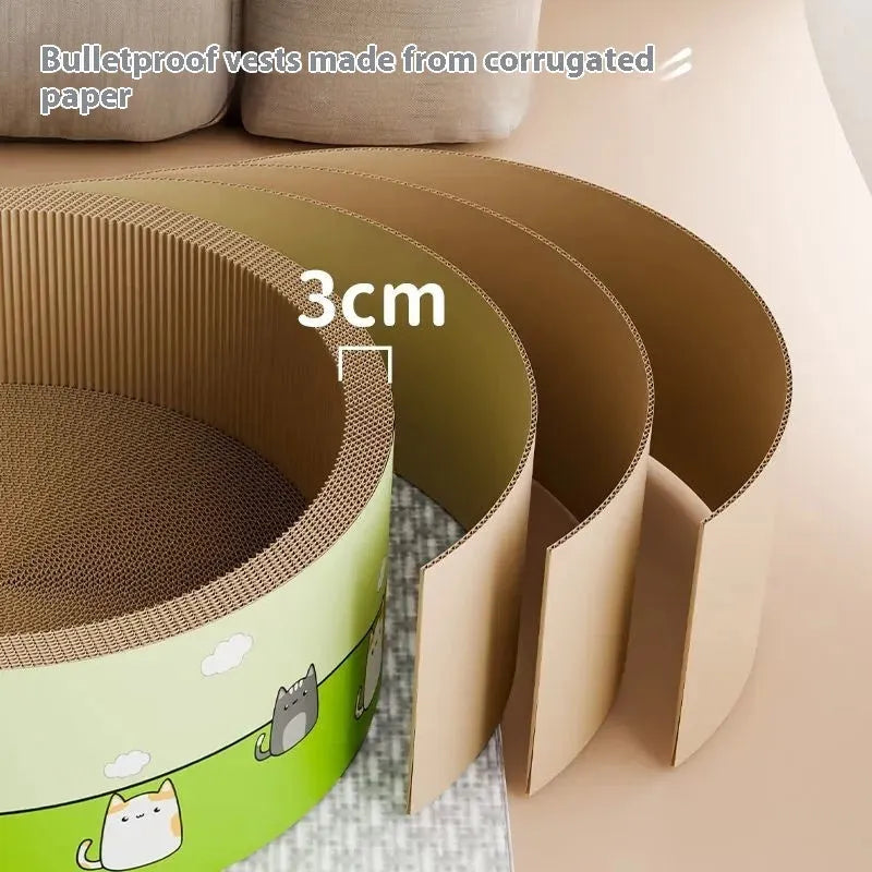 Large round deep-pit cat scratching board made from brown corrugated paper.