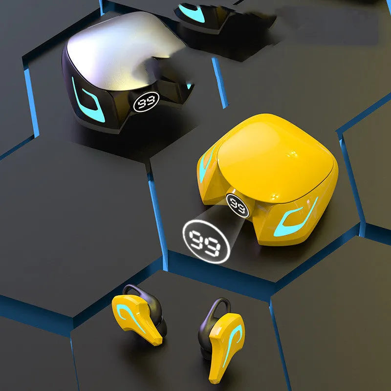 Close-up of a colourful LED Bluetooth gaming headset with in-ear earpieces on a dark background.
