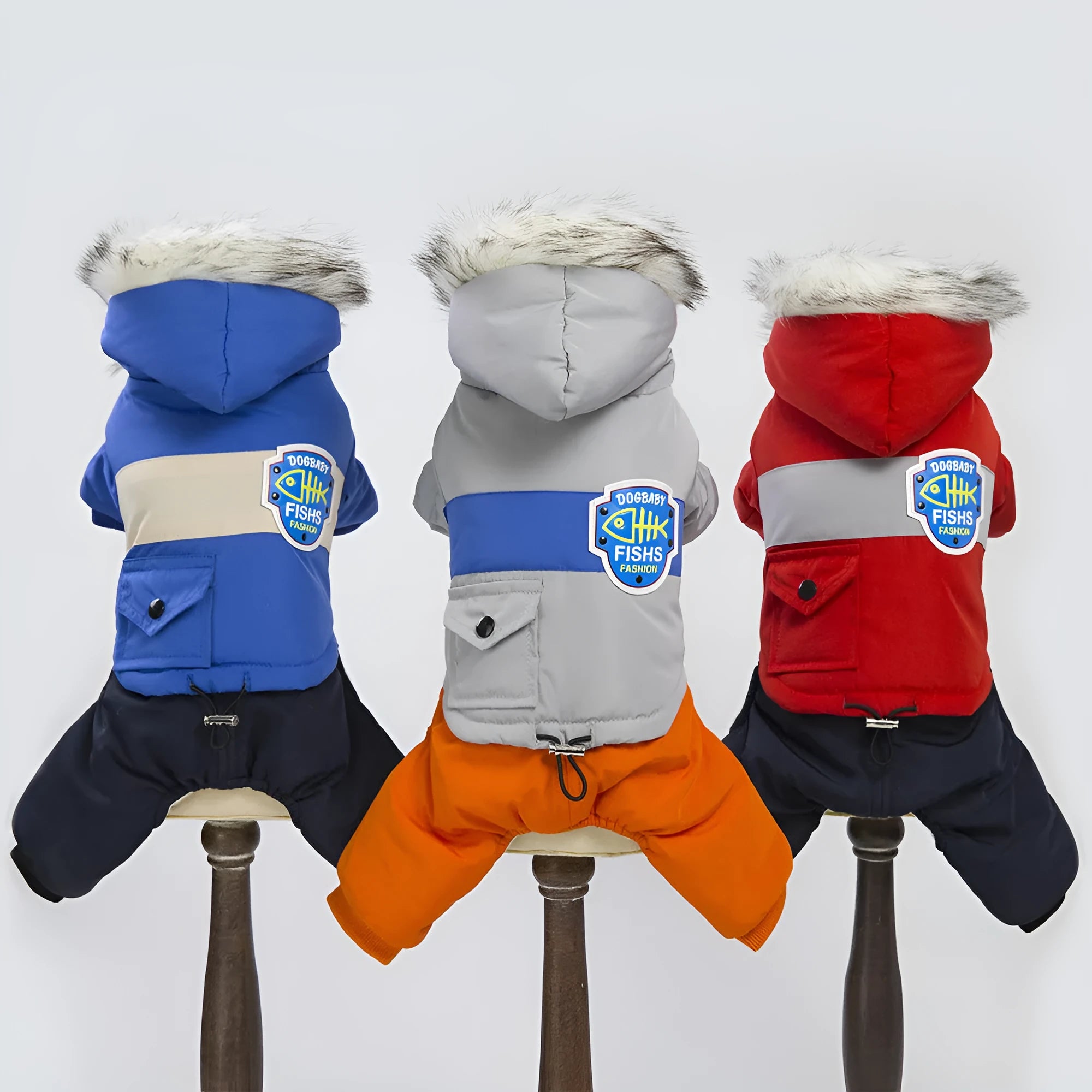 Wool dog snow coat with long back coverage in blue, grey, red colours sizes S to XXL