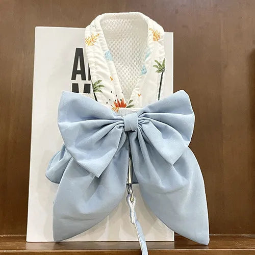Dog Japanese three-purpose hand holding rope bow half vest style pet harness in Sky Blue on small dog