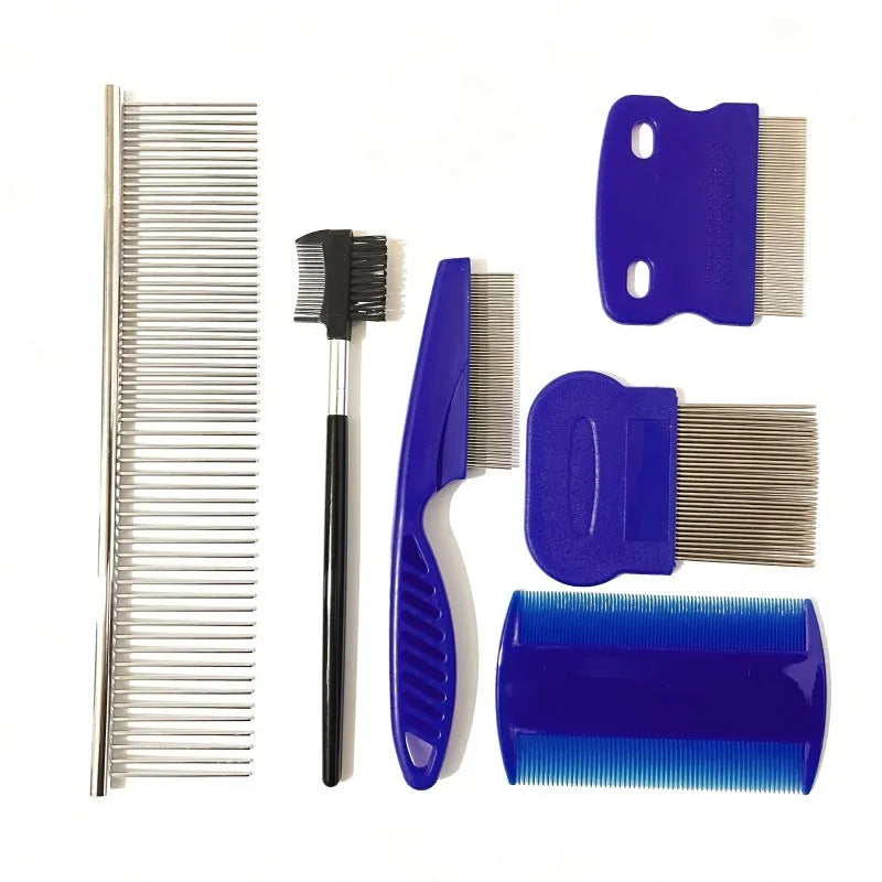 Blue stainless steel dense gear flea comb set with large and small combs for pet grooming