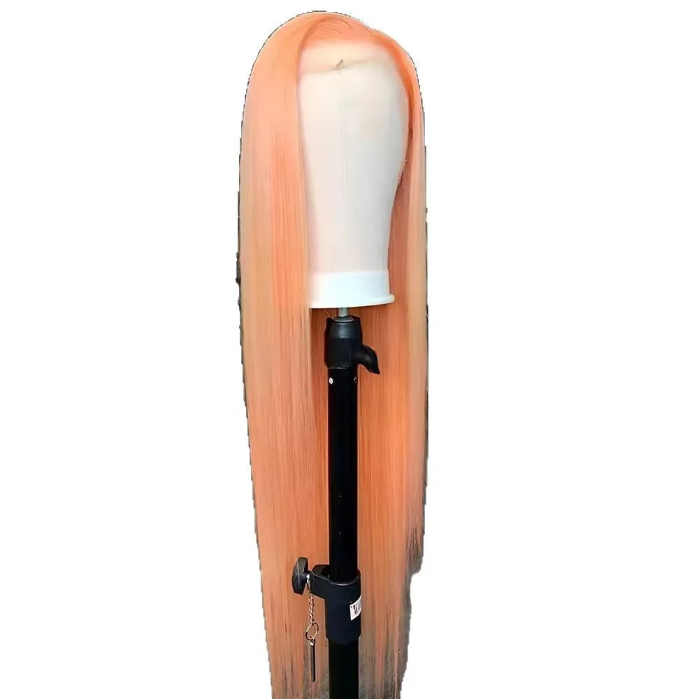 Light orange long straight lace front synthetic wig with side bangs on a mannequin head