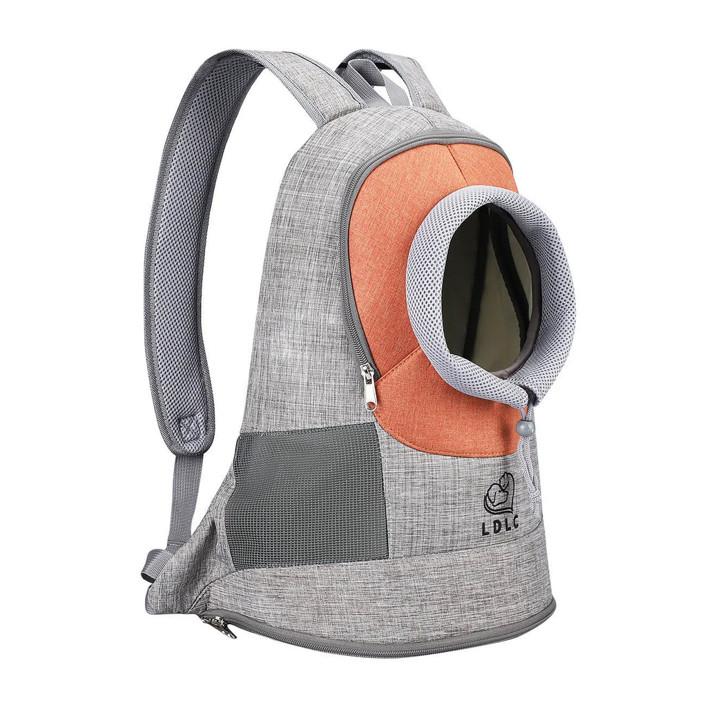 Blue pet backpack carrier with breathable mesh panels, legs out design for small dogs and cats