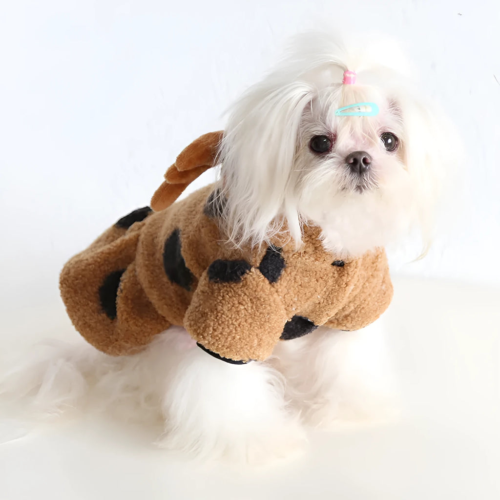 Dog or cat wearing a casual cloth garment with a large polka dot and elk couple print, shown in both four-legged and skirt styles.