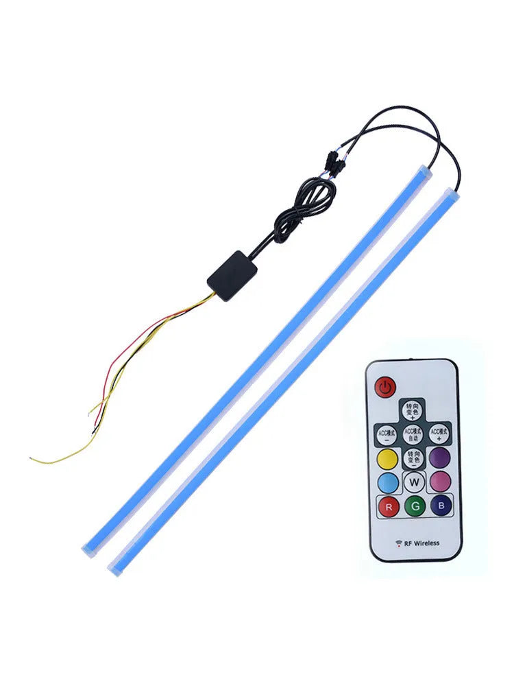 Set of RGB LED daytime running lights for cars with a remote control, available in 30cm, 45cm and 60cm lengths.