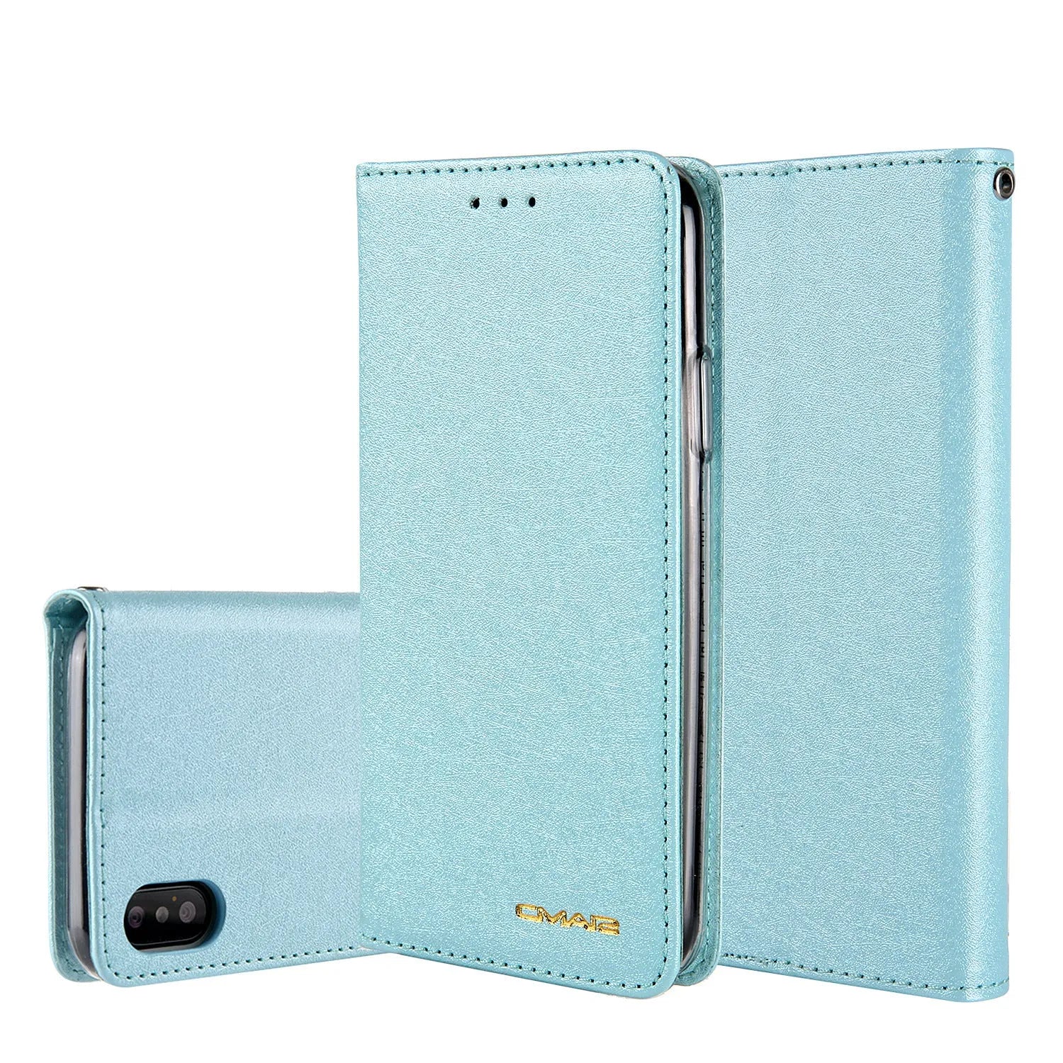 PU leather flip phone case for iPhone in various colours, showing closed front and open view with card slots.