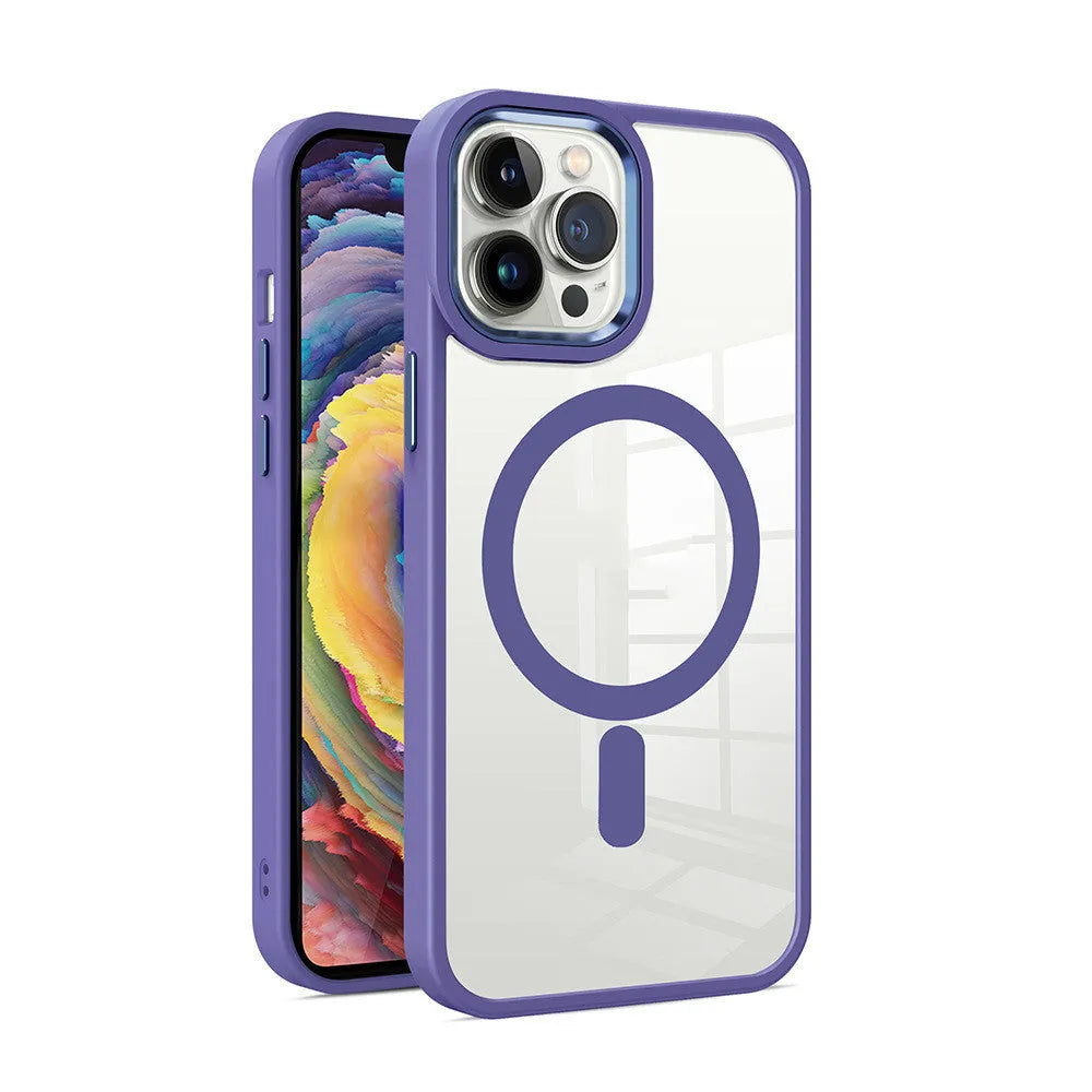 Magnetic transparent silicone phone case for iPhone on a magnetic car mount, shown in a plum red colour.