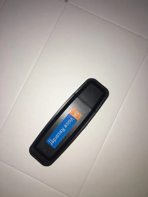 SK-001 black and white USB flash drive with voice recording function showing front and side views