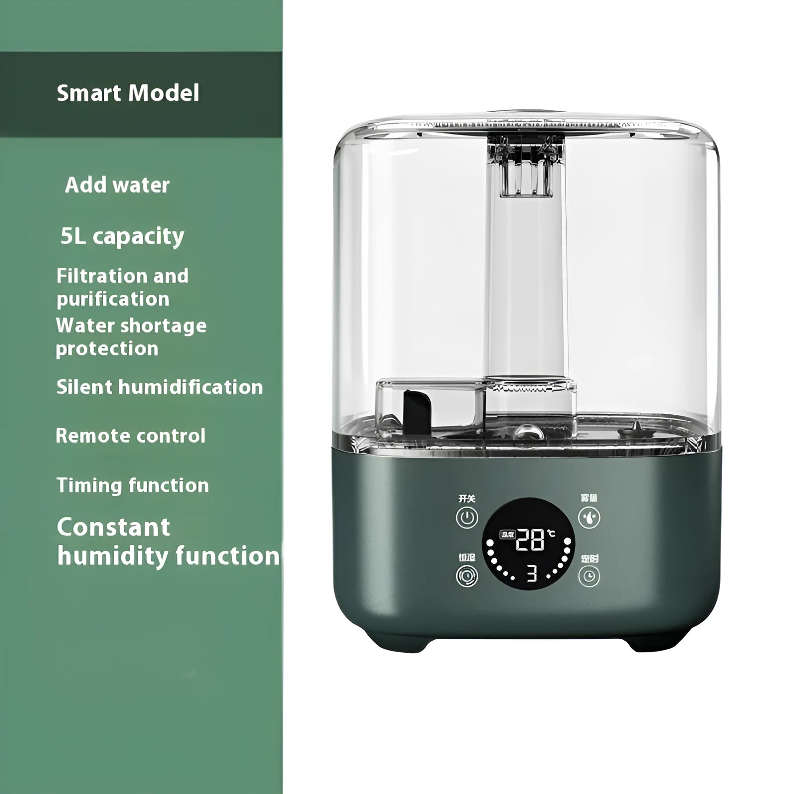 Green KC-112 intelligent humidifier with touch screen and remote control on a table.