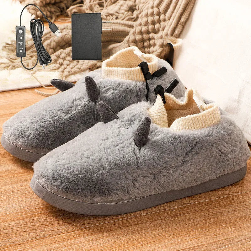 USB electric heated slippers in black, grey, green, and purple with adjustable temperature control.