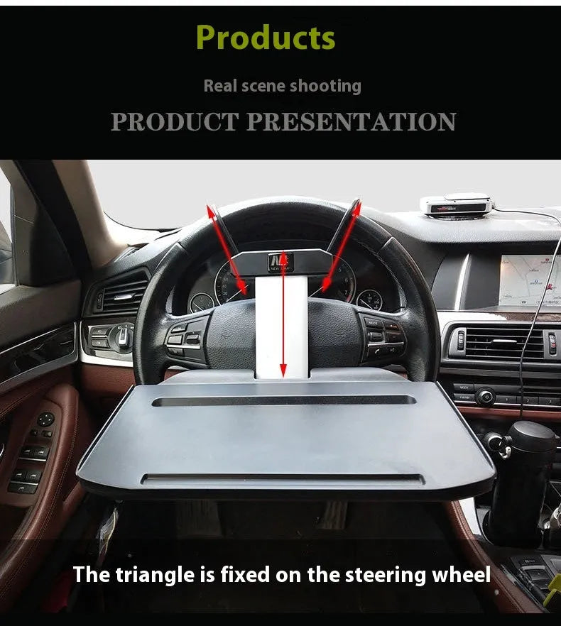 Folding car rear seat dining table laptop stand in black ABS with phone holder slot