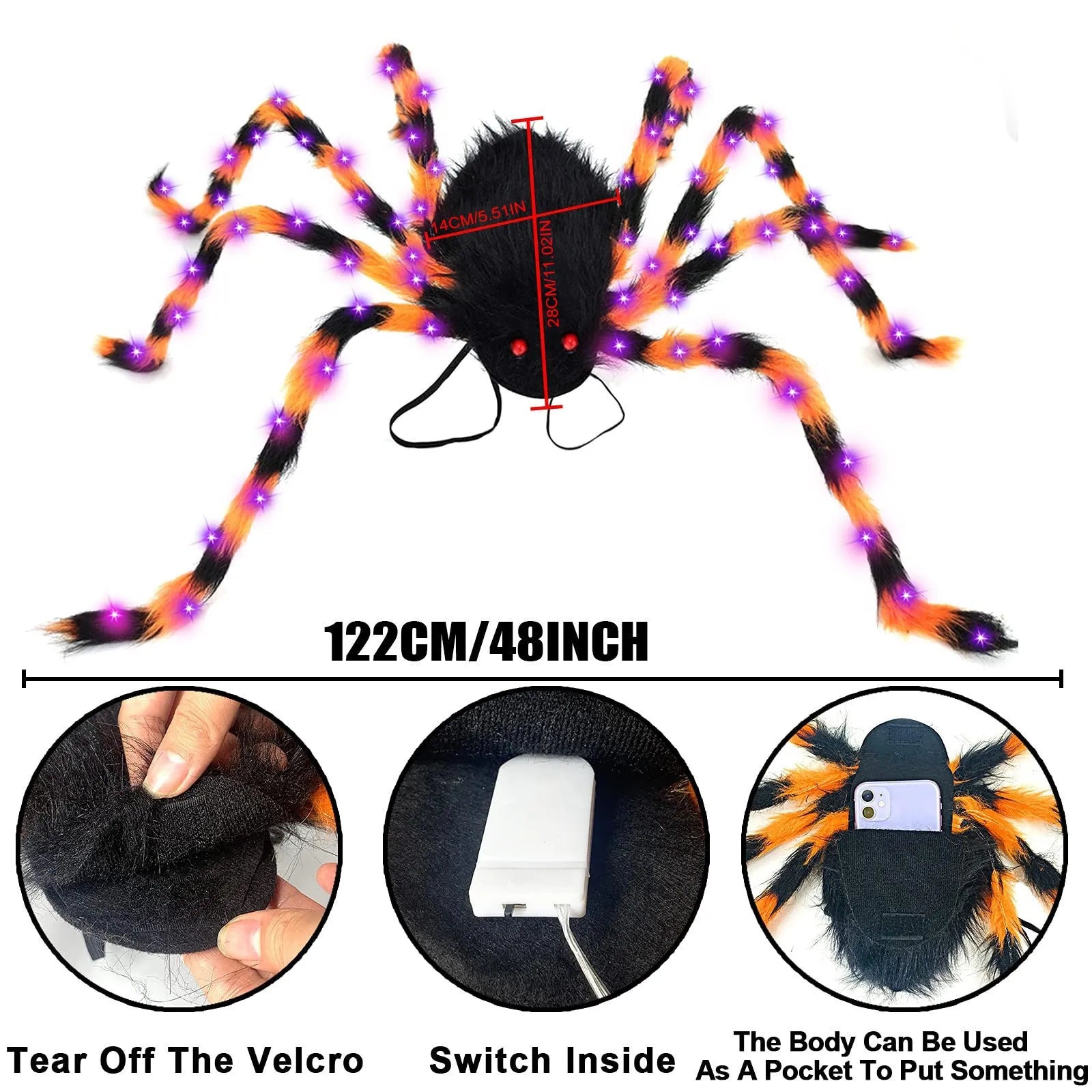 Halloween spider plush backpack with LED lights in orange purple colour, showing glow effect and backpack straps