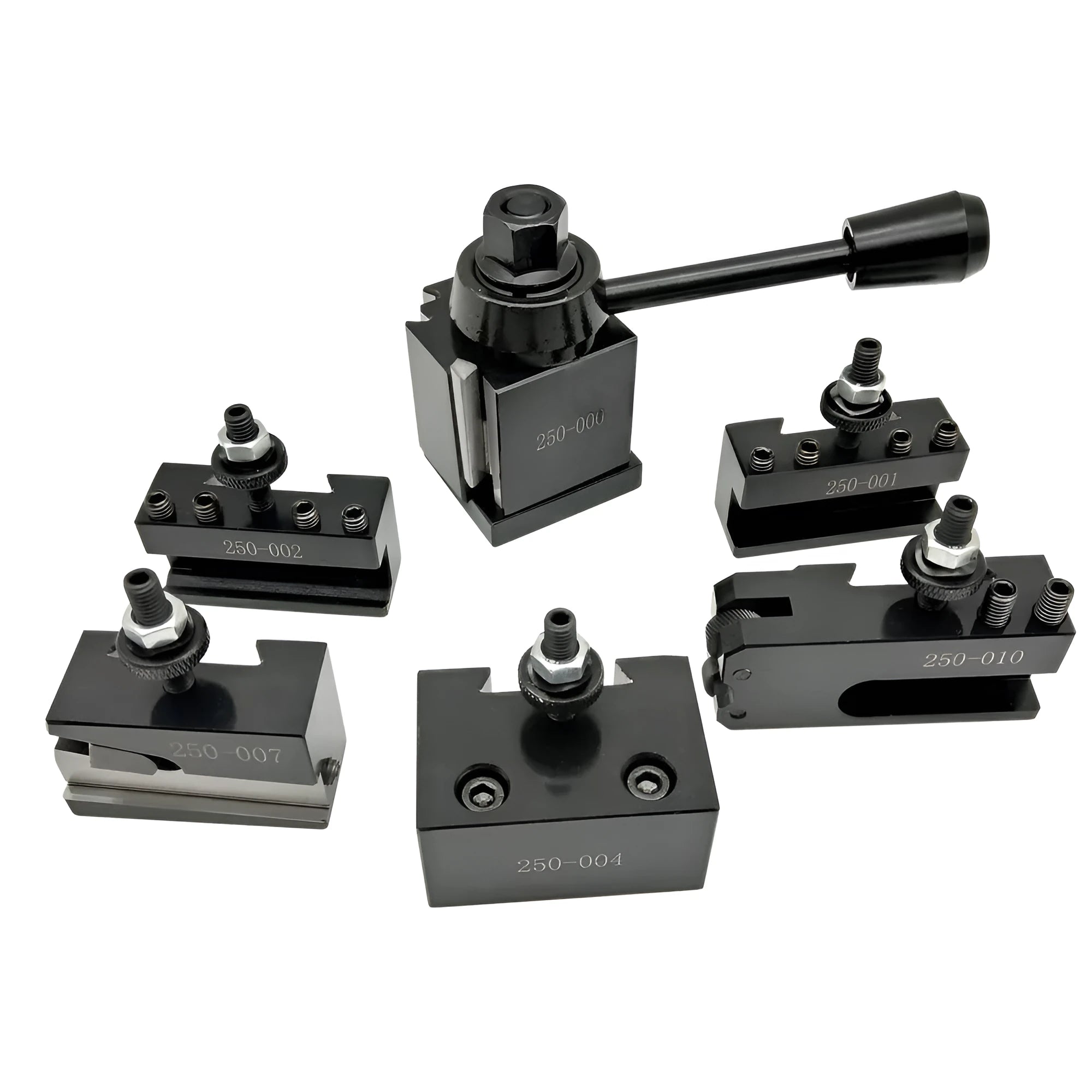 Machifit 250-000 steel quick change tool post and lathe tool holders on a workshop bench