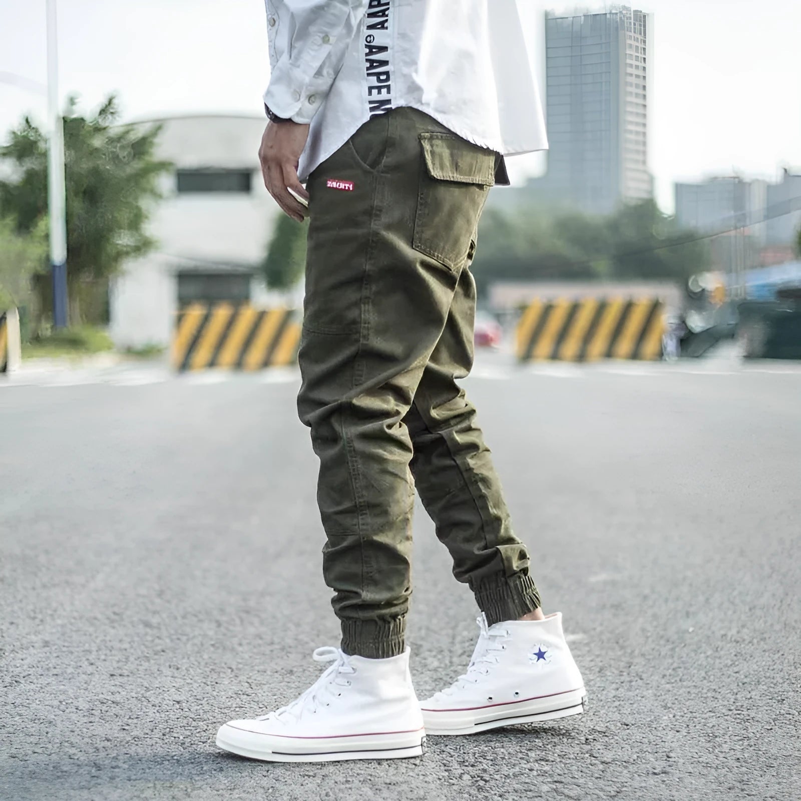 Men's casual skinny trousers in Army Green with zipper fly and mid-rise waist, size M to 4XL