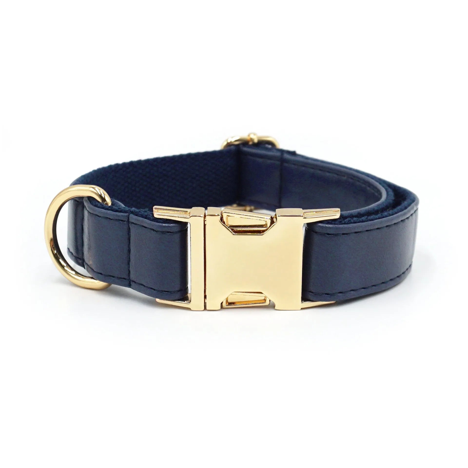 Leather Velvet-style dog collar shown in multiple colour options including caramel, dark blue, and dark brown.