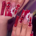 Sweet Flowers pattern false nails in red diamond colour, long European Square shape with glue and file